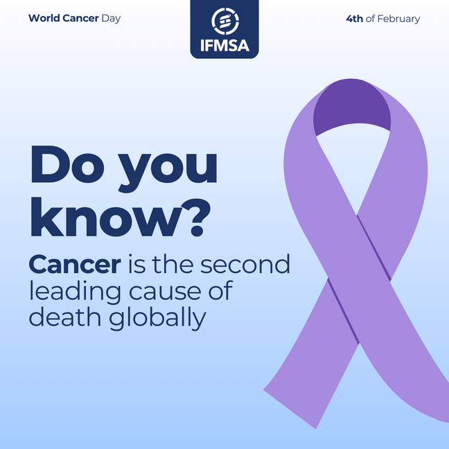 IFMSA World Cancer Day campaign slide with a purple awareness ribbon beside a stat on cancer as a leading cause of death.