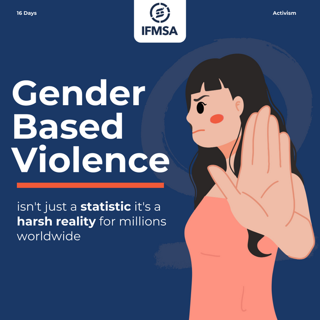 IFMSA 16 Days of Activism campaign slide showing an illustrated woman holding up a stop hand beside gender based violence text.