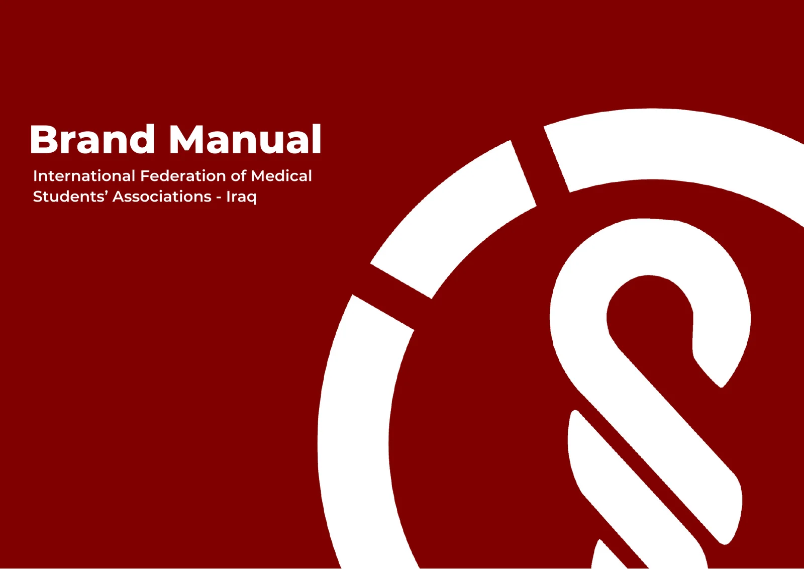 Brand manual cover for IFMSA-Iraq, a dark red page with the title Brand Manual beside the association's white circular emblem.
