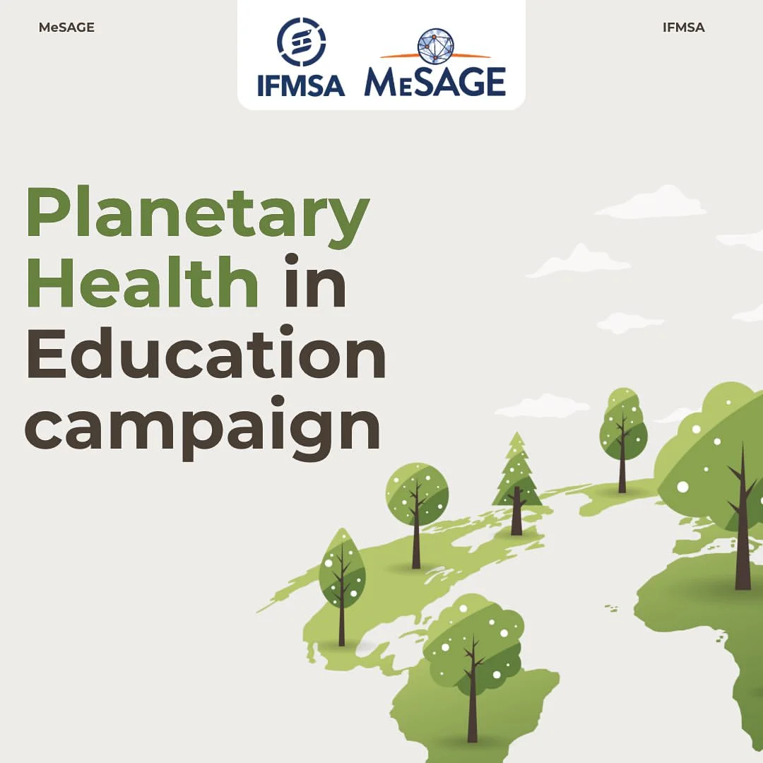 Campaign slide for MeSAGE and ScholarRx titled Planetary Health in Education, over an illustrated green world map made of trees.