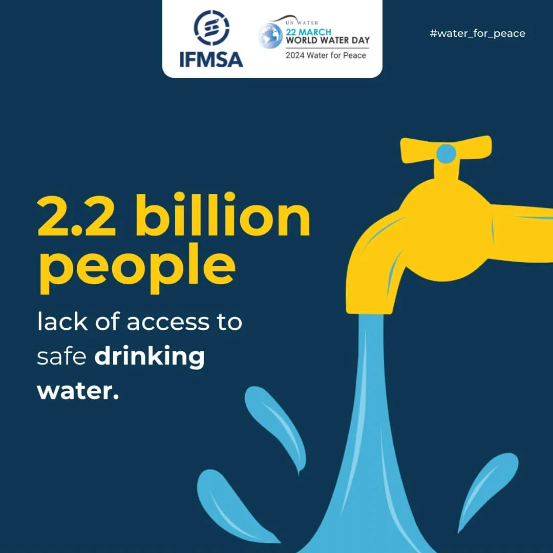 Campaign slide for IFMSA and UN-Water's Water for Peace, citing 2.2 billion people lacking safe drinking water, beside a tap icon.