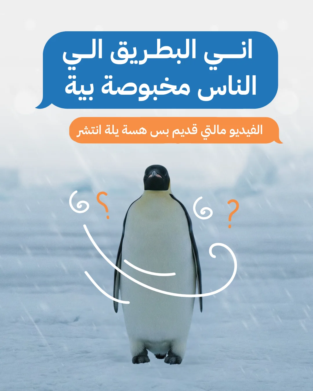Campaign slide for Saleem Healthcare's mental health service, an emperor penguin on snowy ice with an Arabic speech-bubble joke.