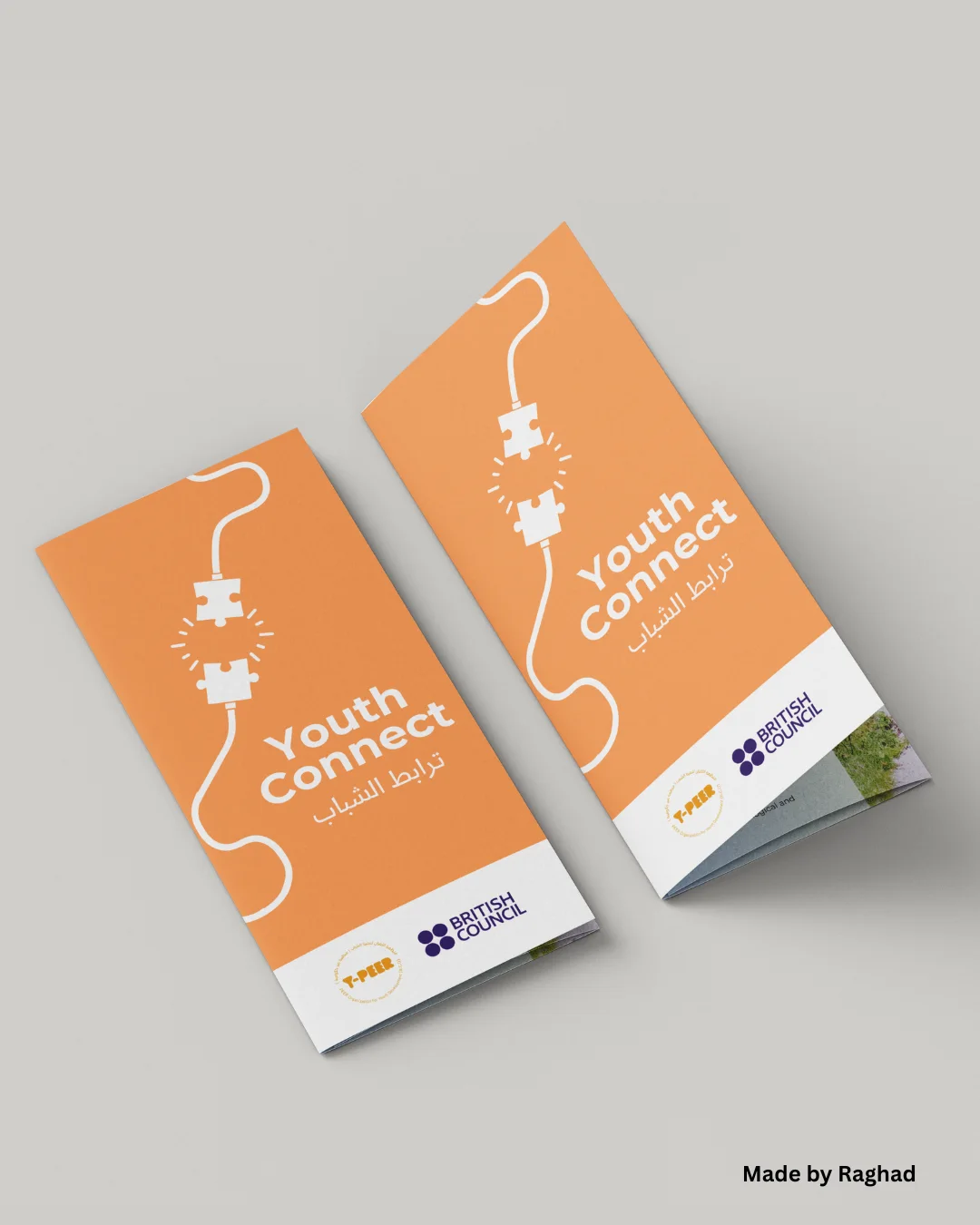 Two folded tri-fold brochure covers for Y-Peer Iraq's Youth Connect, orange with an interlocking white puzzle-piece icon.